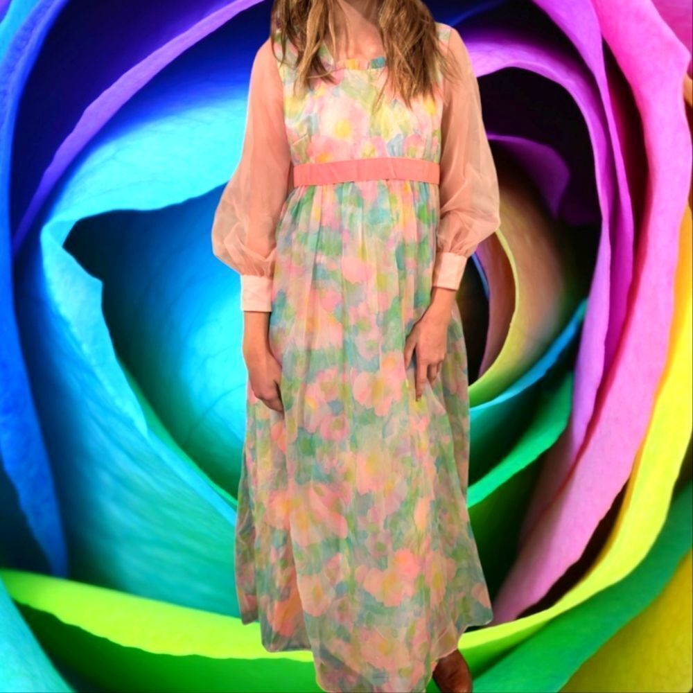 60s 70s women's vintage floral print pastel rainbow chiffon silky dress